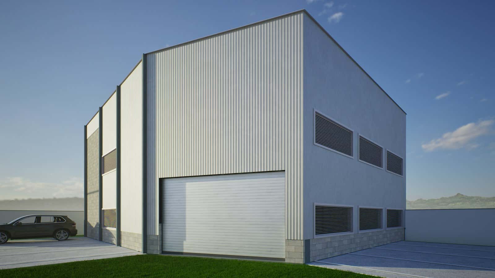 A modern industrial unit with a large roller door