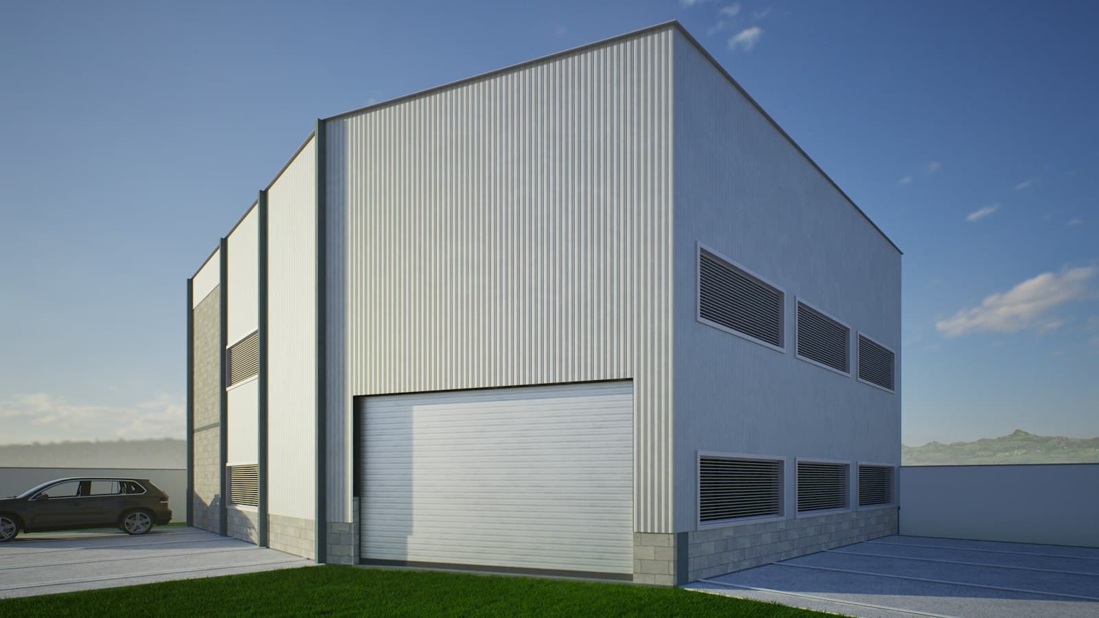 A modern industrial unit with a large roller door